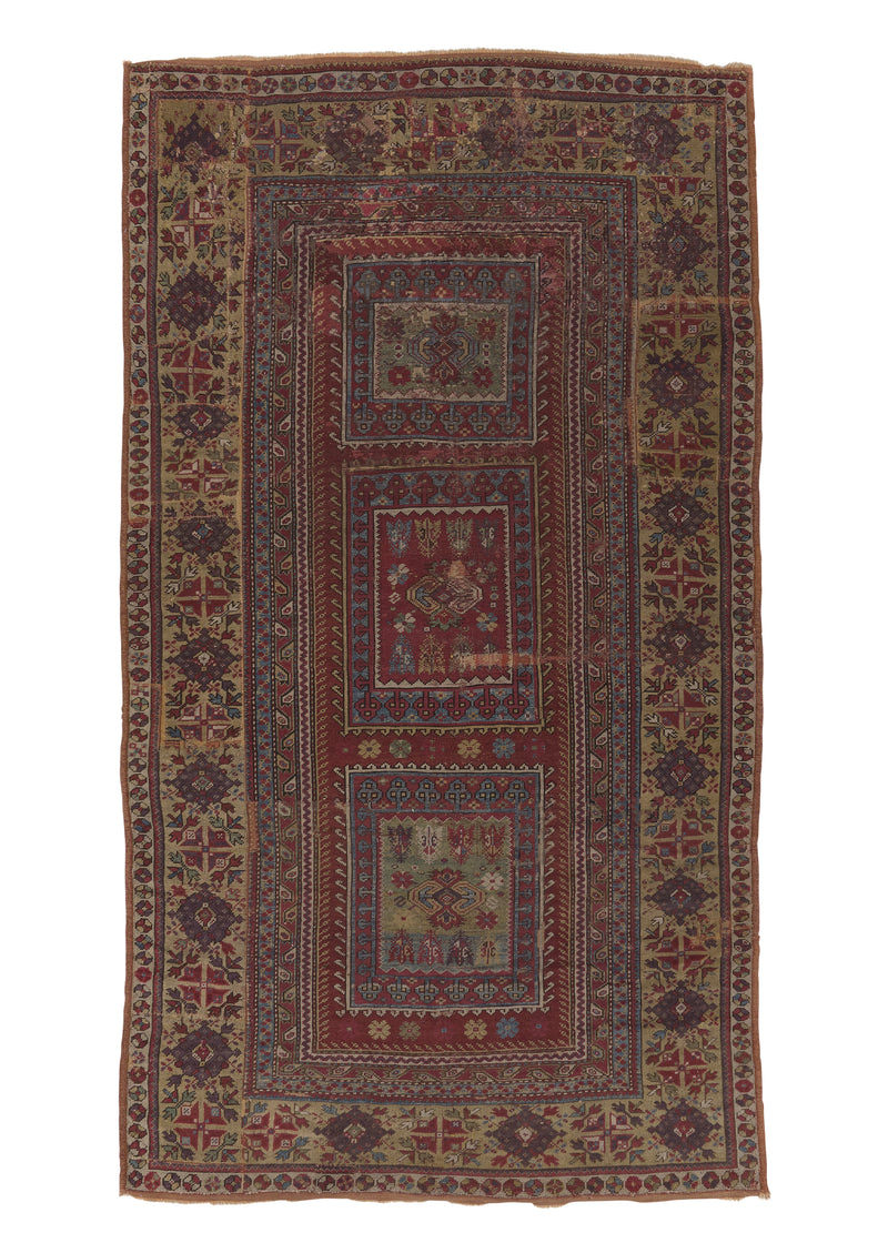 34151 Oriental Rug Turkish Handmade Area Antique Tribal 4'2'' x 7'5'' -4x7- Red Yellow Gold Geometric Design