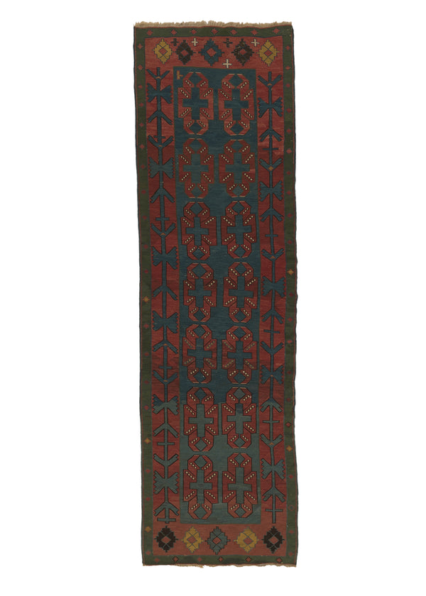 34160 Caucasian Rug Armenia Handmade Runner Tribal Vintage 4'2'' x 13'5'' -4x13- Green Blue Geometric Design