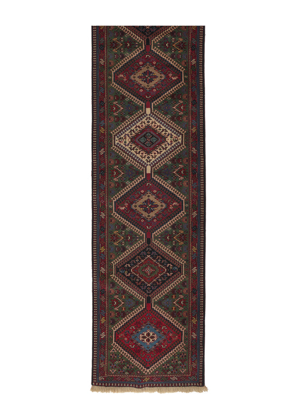 34167 Persian Rug Yalameh Handmade Runner Tribal 2'4'' x 9'8'' -2x10- Green Red Geometric Design