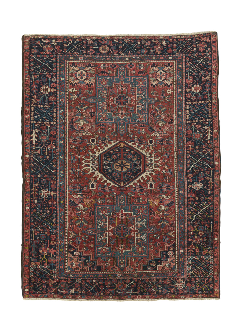34181 Persian Rug Gharajeh Handmade Area Tribal Vintage 4'7'' x 6'1'' -5x6- Red Blue Geometric Design