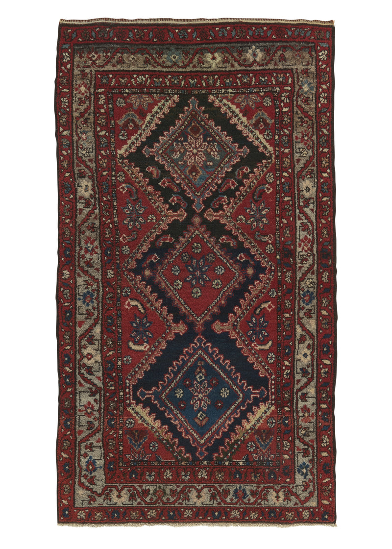 34182 Persian Rug Hamadan Handmade Area Tribal 3'5'' x 6'2'' -3x6- Red Blue Geometric Design