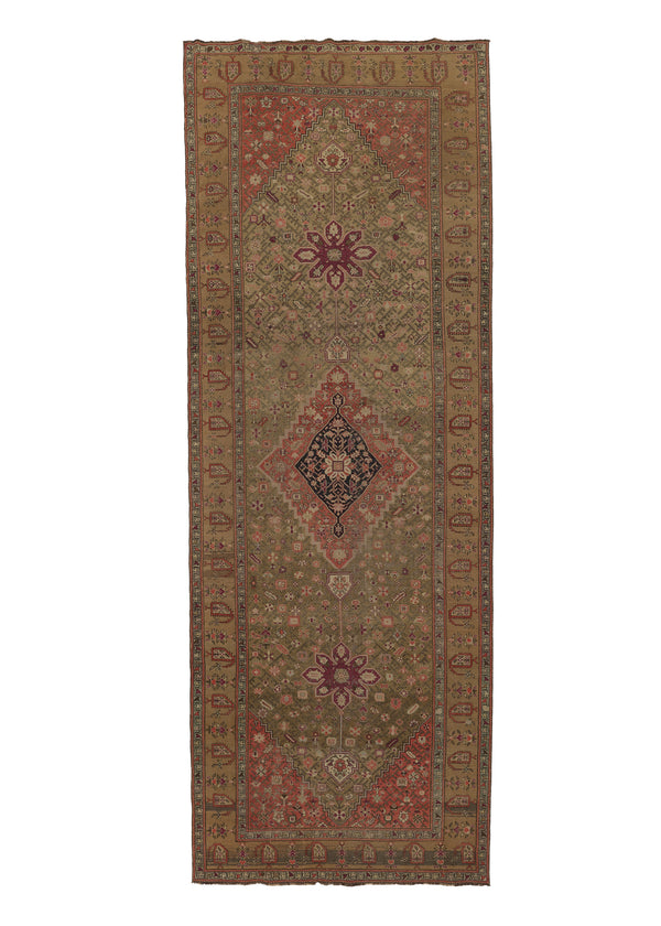 34194 Caucasian Rug Gharabagh Handmade Area Antique Tribal 7'0'' x 19'3'' -7x19- Green Whites Beige Geometric Design