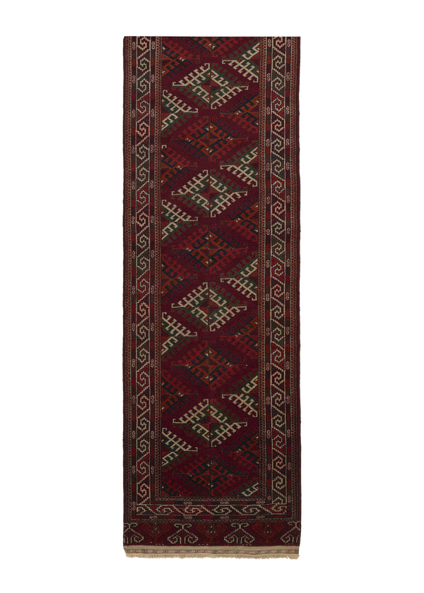 34197 Persian Rug Turkmen Handmade Runner Tribal 2'6'' x 10'4'' -3x10- Red Geometric Design
