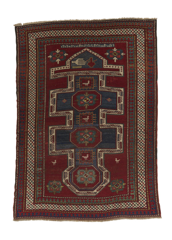 34236 Caucasian Rug Kazak Handmade Area Antique Tribal 6'5'' x 9'1'' -6x9- Red Geometric Design