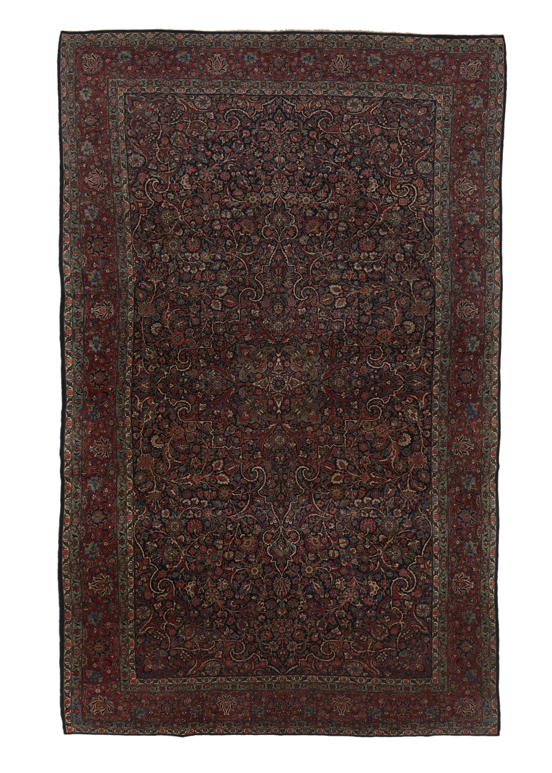 34238 Persian Rug Kashan Handmade Area Antique Traditional 9'8'' x 16'4'' -10x16- Blue Red Floral Design