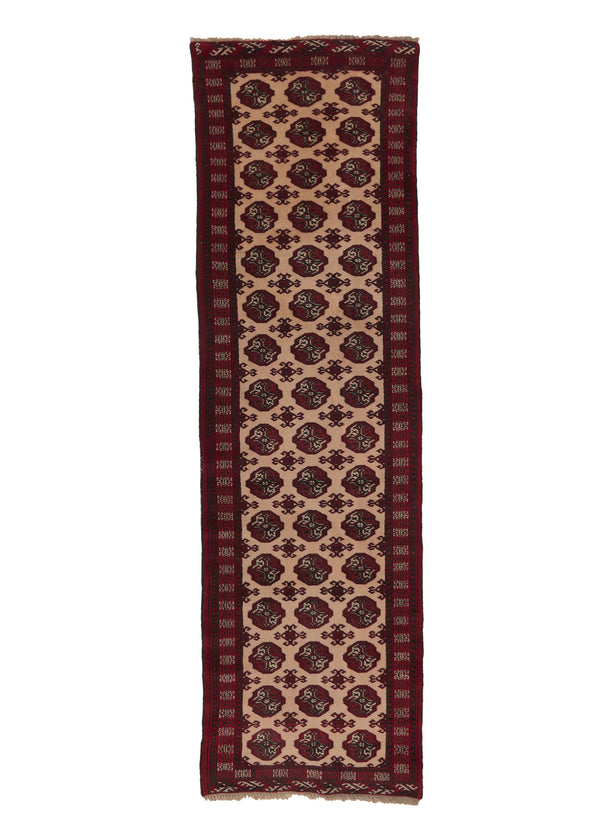 34240 Persian Rug Turkmen Handmade Runner Tribal 2'11'' x 9'7'' -3x10- Red Whites Beige Bokhara Elephant Foot Design