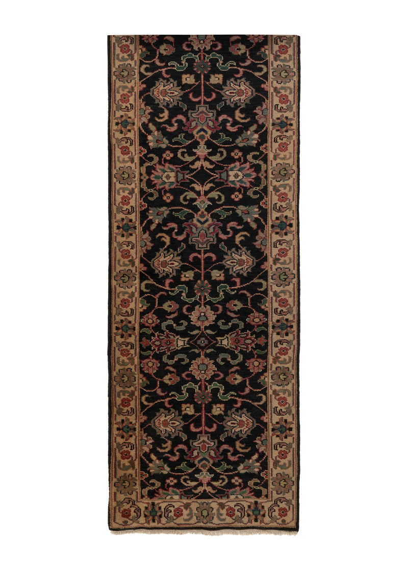 34250 European Rug Handmade Runner Traditional 2'6'' x 18'0'' -3x18- Black Green Floral Design