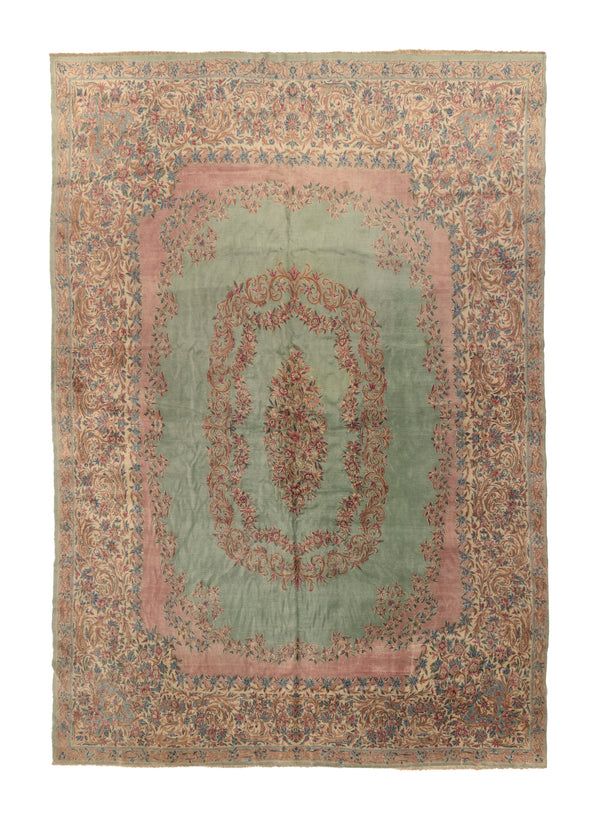 34252 Persian Rug Kerman Handmade Area Traditional 13'0'' x 19'2'' -13x19- Green Pink Open Field Floral Design