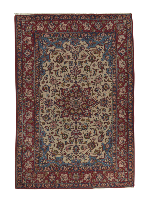 34255 Persian Rug Isfahan Handmade Area Traditional 3'6'' x 5'1'' -4x5- Red Whites Beige Floral Design