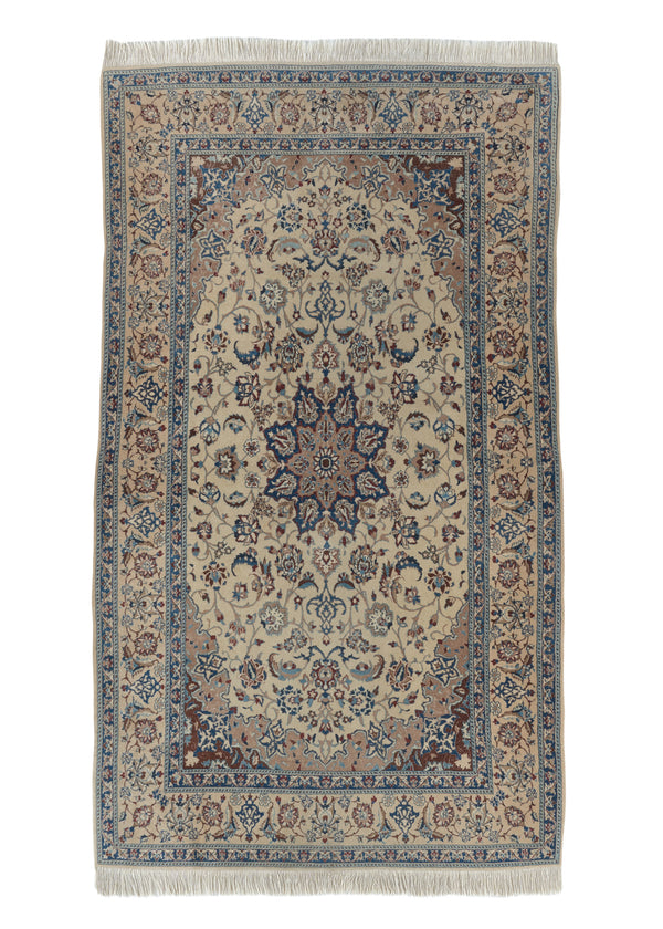 34282 Persian Rug Nain Handmade Area Traditional 3'9'' x 6'7'' -4x7- Whites Beige Blue Floral Design
