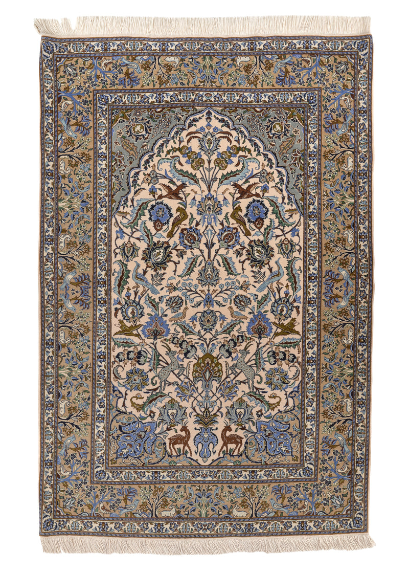 34283 Persian Rug Kashan Handmade Area Traditional 4'11'' x 7'6'' -5x8- Green Blue Whites Beige Tree of Life Animals Design