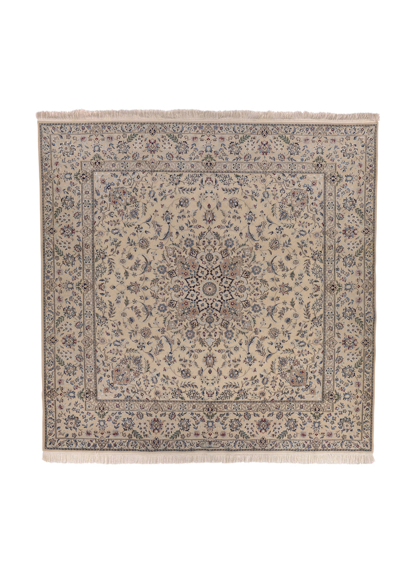 34296 Persian Rug Nain Handmade Area Square Traditional 6'8'' x 6'8'' -7x7- Whites Beige Floral Design