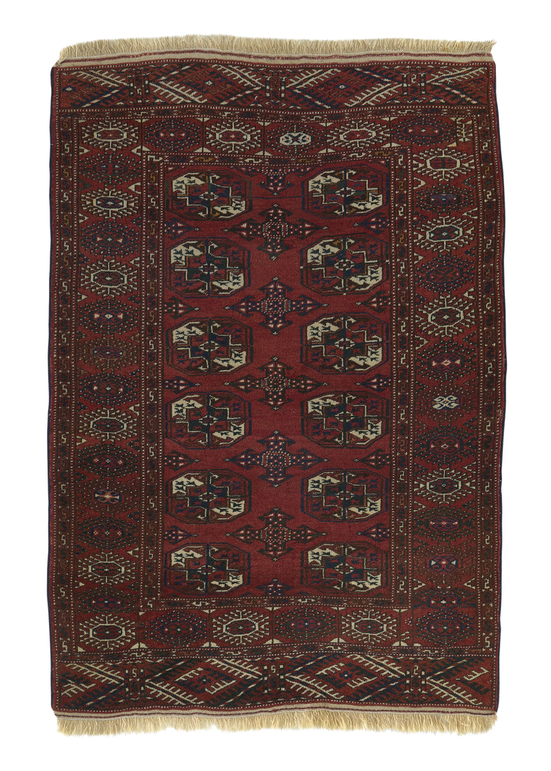 34309 Persian Rug Turkmen Handmade Area Tribal 3'6'' x 5'0'' -4x5- Red Geometric Design