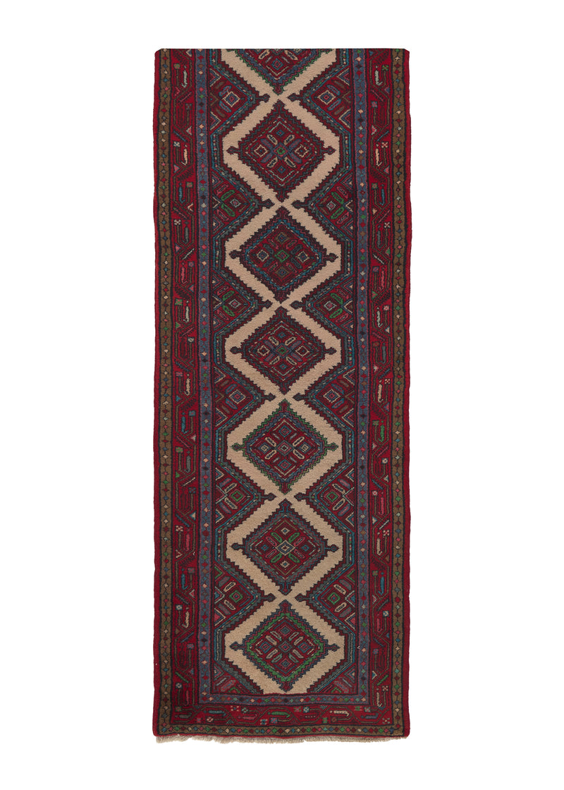 34327 Persian Rug Hamadan Handmade Runner Tribal 2'11'' x 11'2'' -3x11- Red Geometric Design