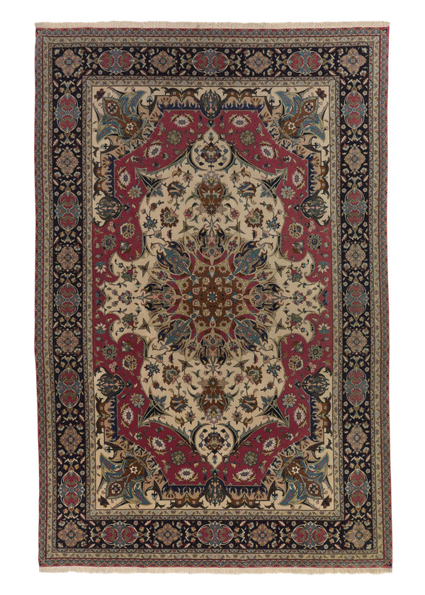 34390 Persian Rug Tabriz Handmade Area Traditional 6'7'' x 10'2'' -7x10- Whites Beige Red Floral Design