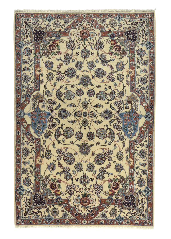 34418 Persian Rug Nain Handmade Area Traditional 3'7'' x 5'6'' -4x6- Whites Beige Brown Floral Vase Design