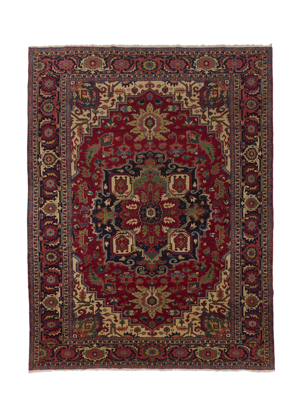 34435 Persian Rug Heriz Handmade Area Tribal 10'10'' x 14'0'' -11x14- Red Whites Beige Green Geometric Design