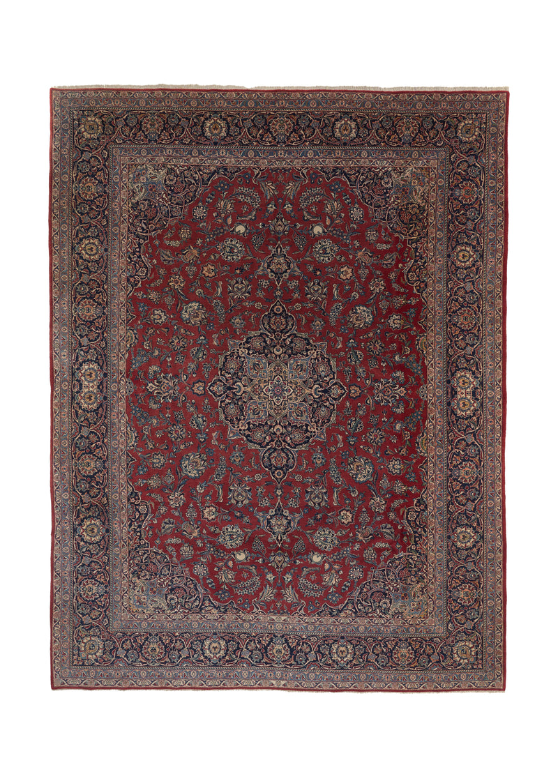 34468 Persian Rug Kashan Handmade Area Traditional 9'3'' x 12'3'' -9x12- Red Blue Toranj Mehrab Floral Design