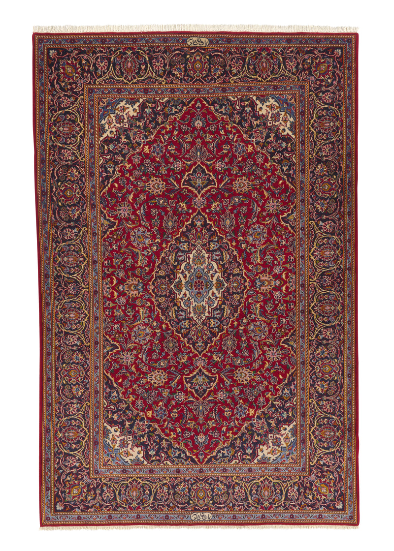 34474 Persian Rug Kashan Handmade Area Traditional 4'9'' x 7'4'' -5x7- Red Blue Toranj Mehrab Shadsar Design