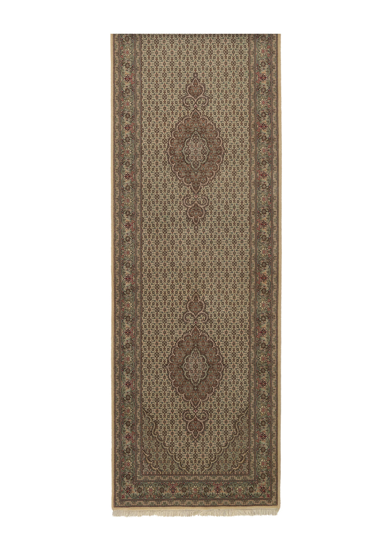 34475 Persian Rug Tabriz Handmade Runner Traditional 2'8'' x 11'4'' -3x11- Whites Beige Green Mahi Fish Design