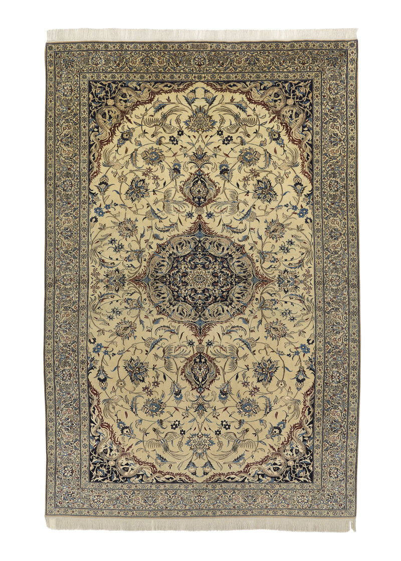 34528 Persian Rug Nain Handmade Area Traditional 6'8'' x 10'4'' -7x10- Whites Beige Blue Floral Animals Design