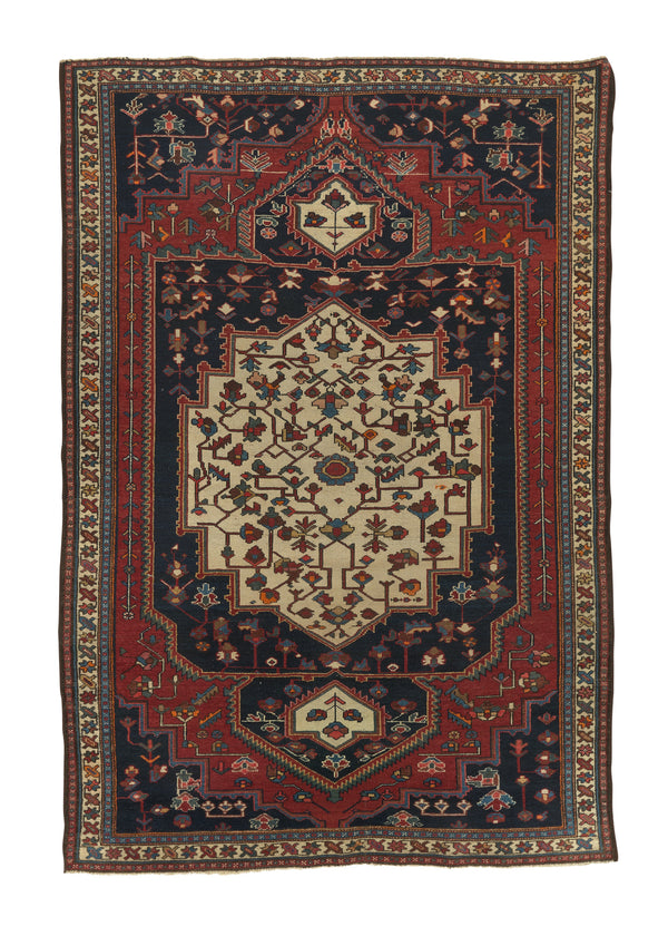 34529 Persian Rug Malayer Handmade Area Antique Tribal 4'4'' x 6'5'' -4x6- Red Blue Whites Beige Geometric Design