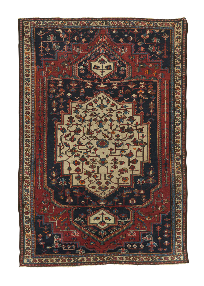 34529 Persian Rug Malayer Handmade Area Antique Tribal 4'4'' x 6'5'' -4x6- Red Blue Whites Beige Geometric Design