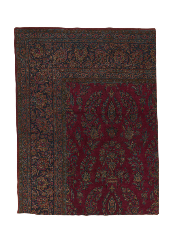 34573 Persian Rug Kashan Handmade Area Antique Traditional 4'4'' x 5'9'' -4x6- Red Blue Partition Floral Design