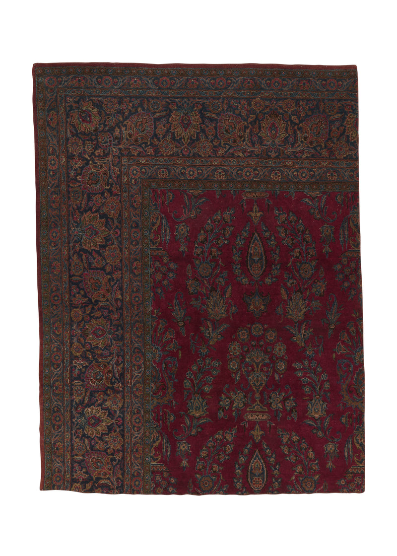 34573 Persian Rug Kashan Handmade Area Antique Traditional 4'4'' x 5'9'' -4x6- Red Blue Partition Floral Design