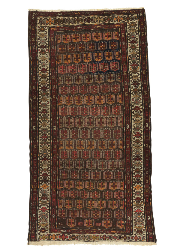 34594 Persian Rug Kurdistan Handmade Area Runner Antique Tribal 3'8'' x 6'10'' -4x7- Red Whites Beige Geometric Design