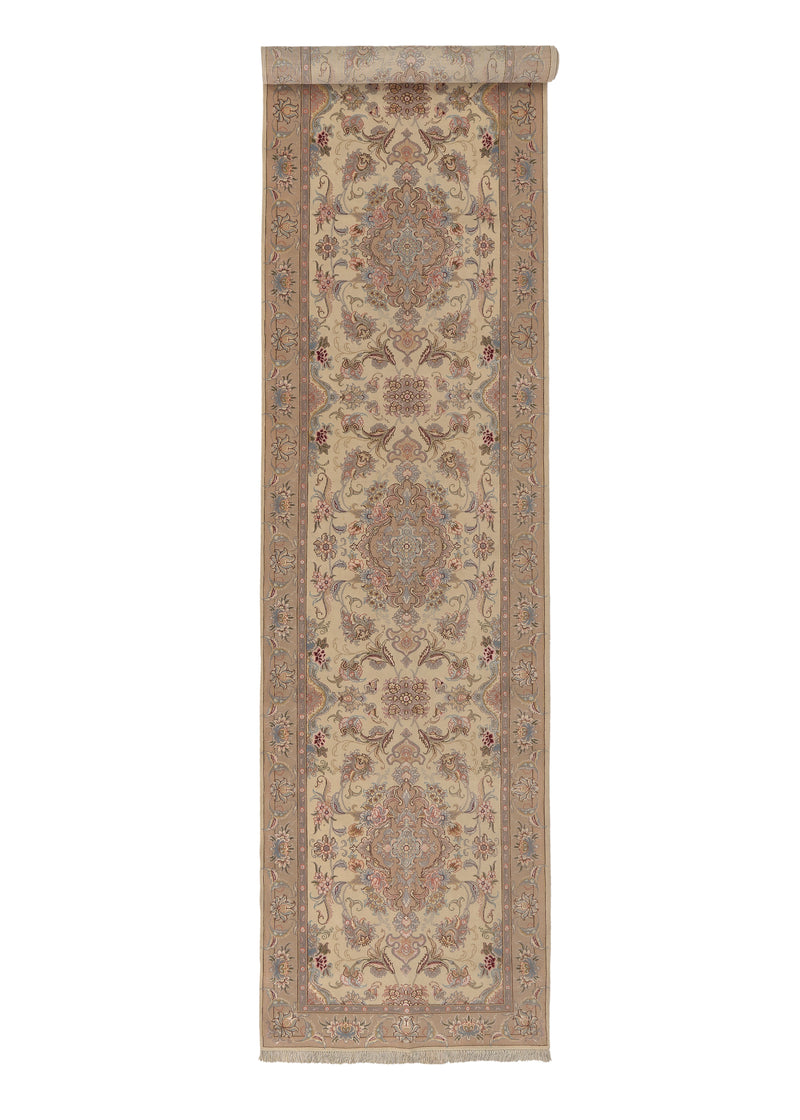 34635 Persian Rug Tabriz Handmade Runner Traditional 3'1'' x 14'0'' -3x14- Whites Beige Blue Pink Floral Design