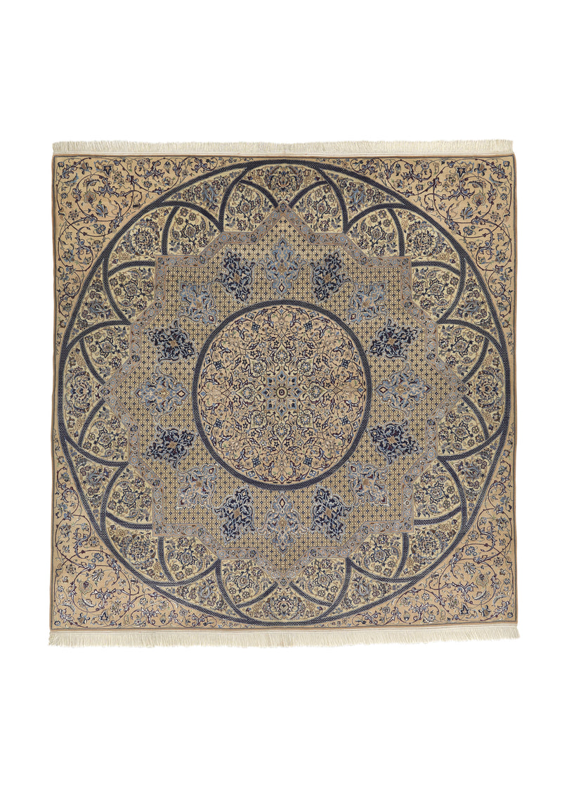 34640 Persian Rug Nain Handmade Area Square Traditional 7'0'' x 7'0'' -7x7- Whites Beige Blue Floral Design