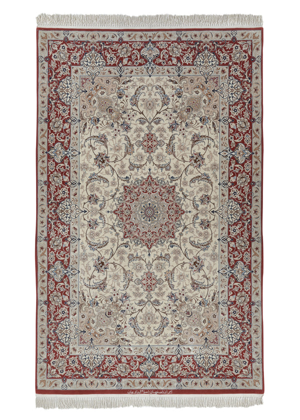 34647 Persian Rug Isfahan Handmade Area Traditional 4'2'' x 6'9'' -4x7- Red Whites Beige Floral Zarean Design