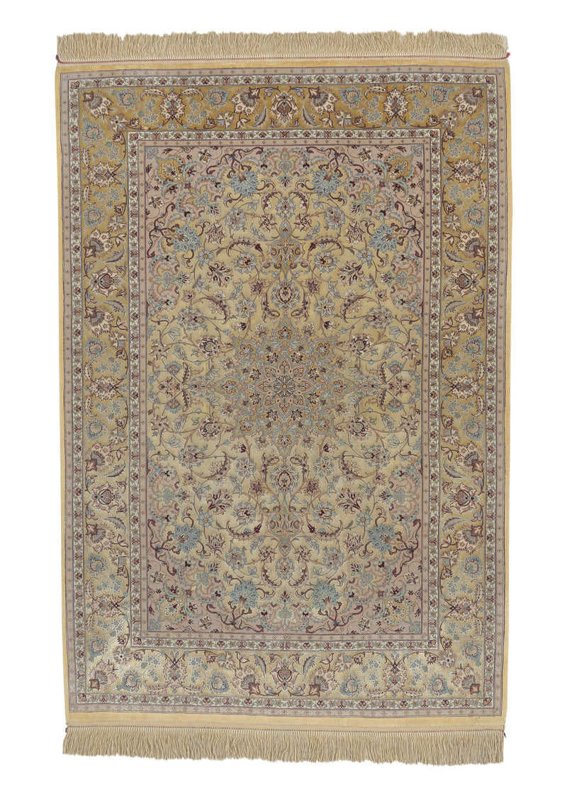 34651 Persian Rug Isfahan Handmade Area Traditional 3'10'' x 5'8'' -4x6- Yellow Gold Floral Design