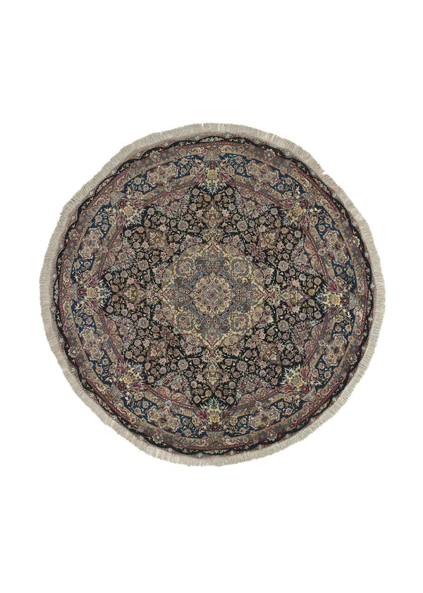 34675 Persian Rug Tabriz Handmade Round Traditional 6'10'' x 6'10'' -7x7- Black Pink Naghsh Floral Design