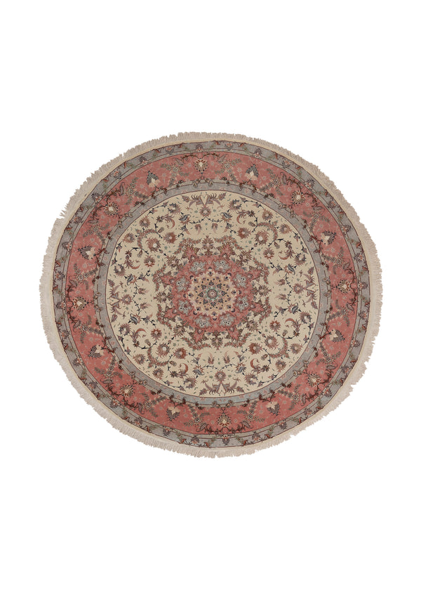 34676 Persian Rug Tabriz Handmade Round Traditional 8'0'' x 8'0'' -8x8- Pink Whites Beige Naghsh Floral Design