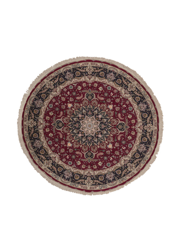 34677 Persian Rug Tabriz Handmade Round Traditional 8'0'' x 8'0'' -8x8- Red Blue Naghsh Floral Design