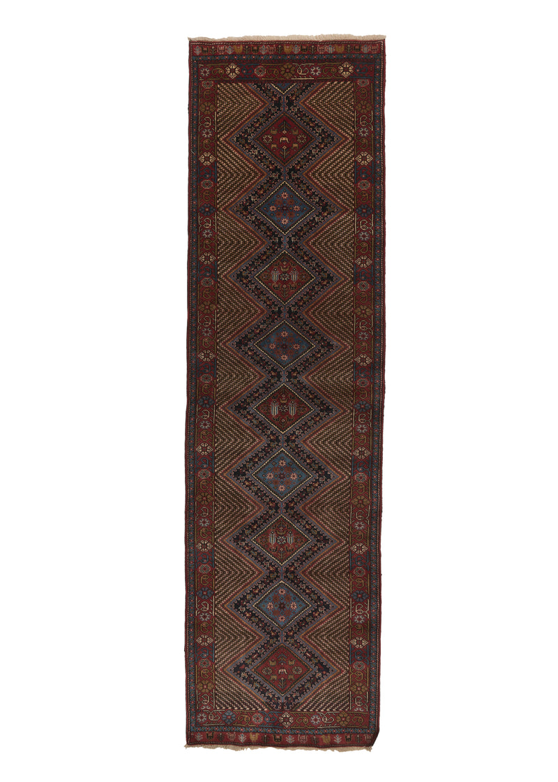 34701 Persian Rug Quchan Handmade Runner Tribal 3'5'' x 12'2'' -3x12- Red Blue Geometric Design