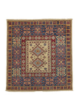 34847 Oriental Rug Pakistani Handmade Square Transitional 3'3'' x 3'5'' -3x3- Yellow Gold Blue Red Geometric Design