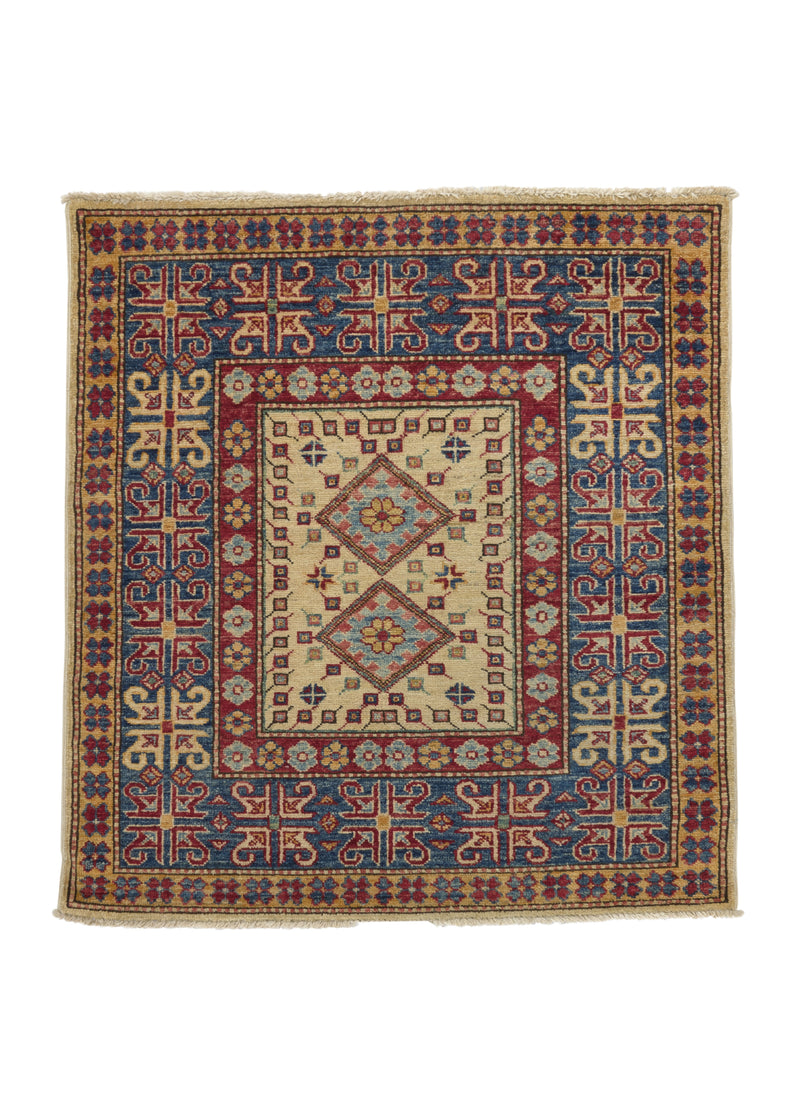 34847 Oriental Rug Pakistani Handmade Square Transitional 3'3'' x 3'5'' -3x3- Yellow Gold Blue Red Geometric Design