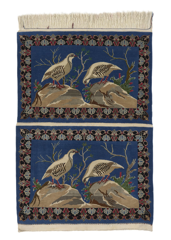 34854 Persian Rug Tabriz Handmade Area Traditional 2'9'' x 4'0'' -3x4- Blue Whites Beige Animals Pictorial Design