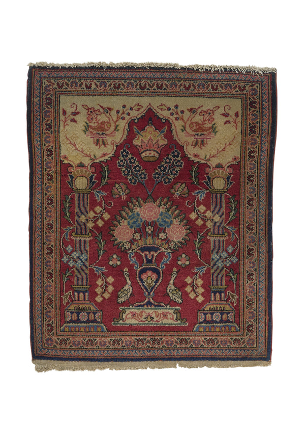 34859 Persian Rug Kashan Handmade Area Square Antique Traditional 1'8'' x 2'0'' -2x2- Red Prayer Rug Animals Design