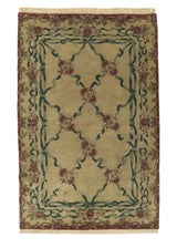 34861 Oriental Rug Indian Handmade Area Traditional 3'11'' x 6'0'' -4x6- Whites Beige Green Carved Design