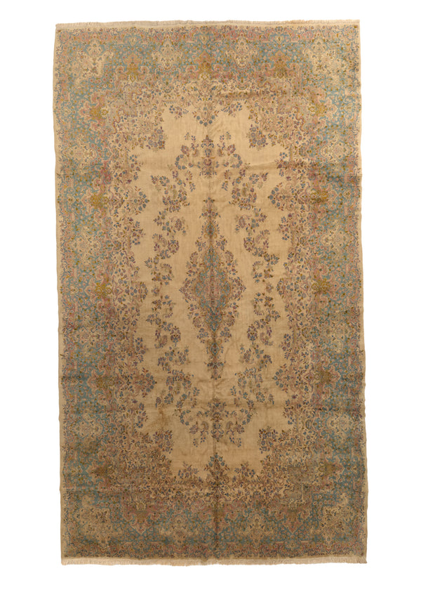 34921 Persian Rug Kerman Handmade Area Traditional 11'4'' x 20'0'' -11x20- Whites Beige Blue Open Field Floral Design