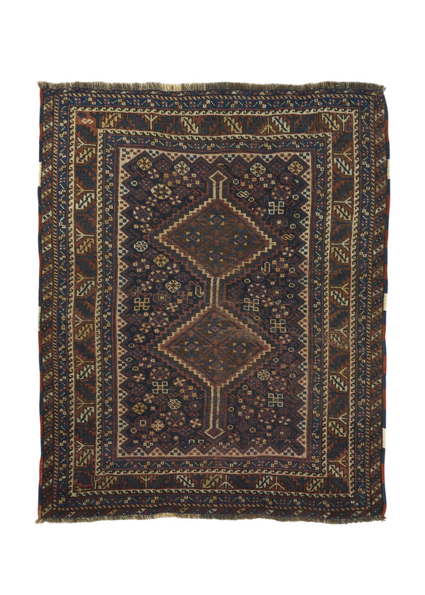 34947 Persian Rug Ghashghaei Handmade Area Antique Tribal 3'7'' x 4'4'' -4x4- Brown Blue Geometric Design
