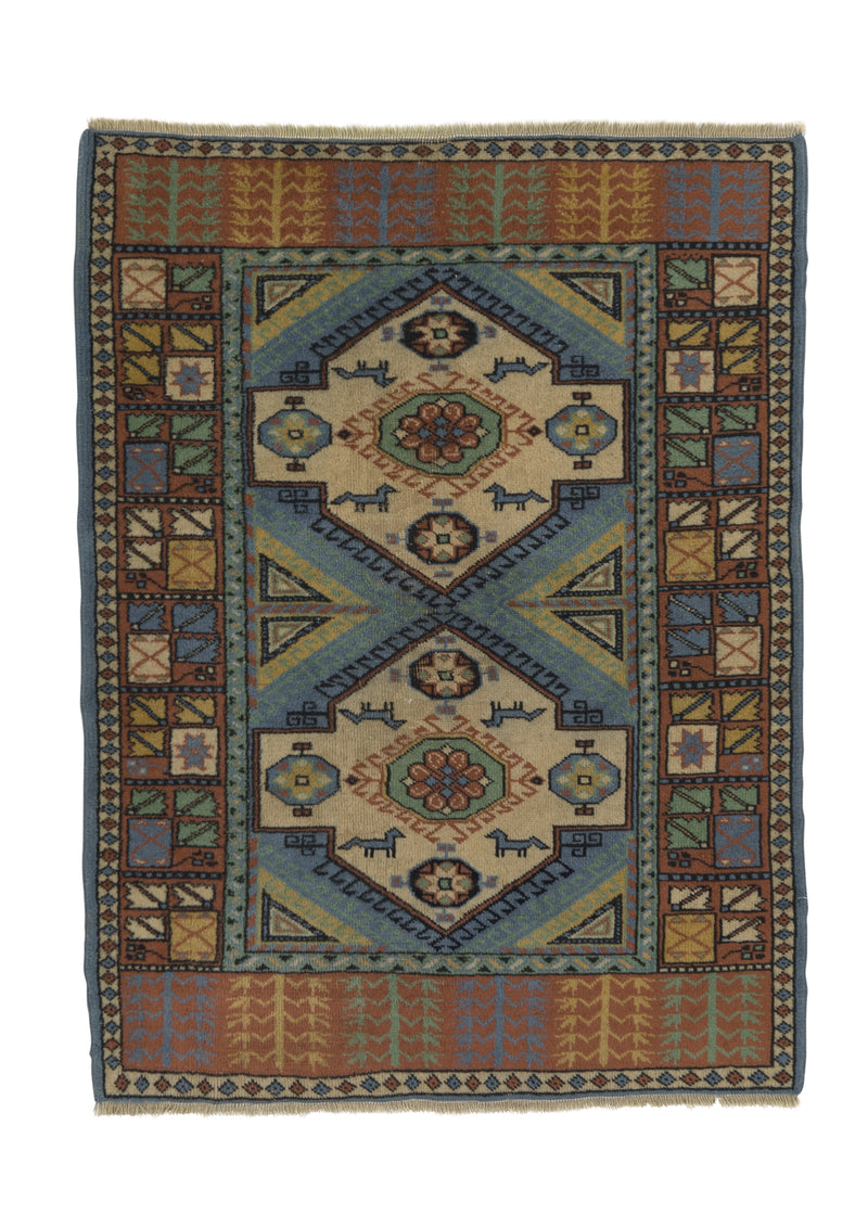 34952 Oriental Rug Turkish Handmade Area Tribal 2'11'' x 3'10'' -3x4- Orange Blue Geometric Design