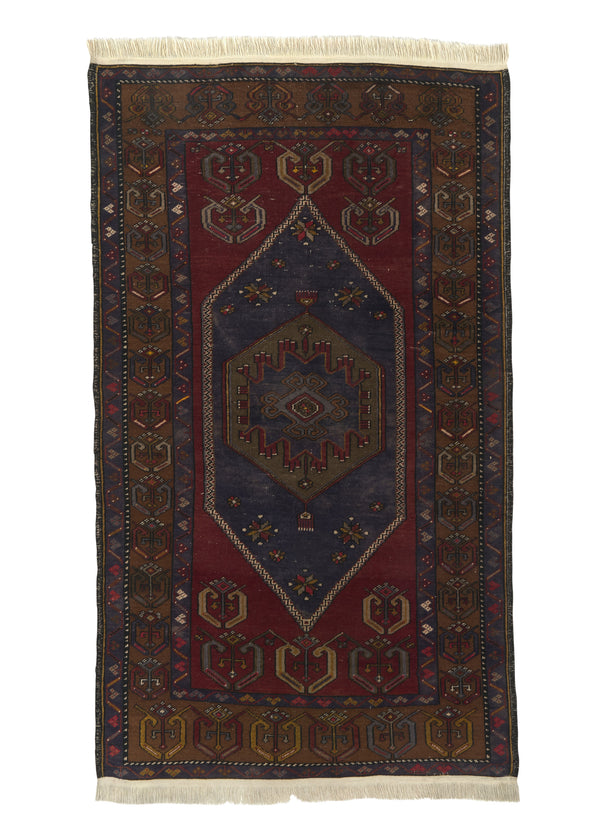 34953 Oriental Rug Turkish Handmade Area Tribal 3'5'' x 6'0'' -3x6- Blue Brown Red Geometric Design