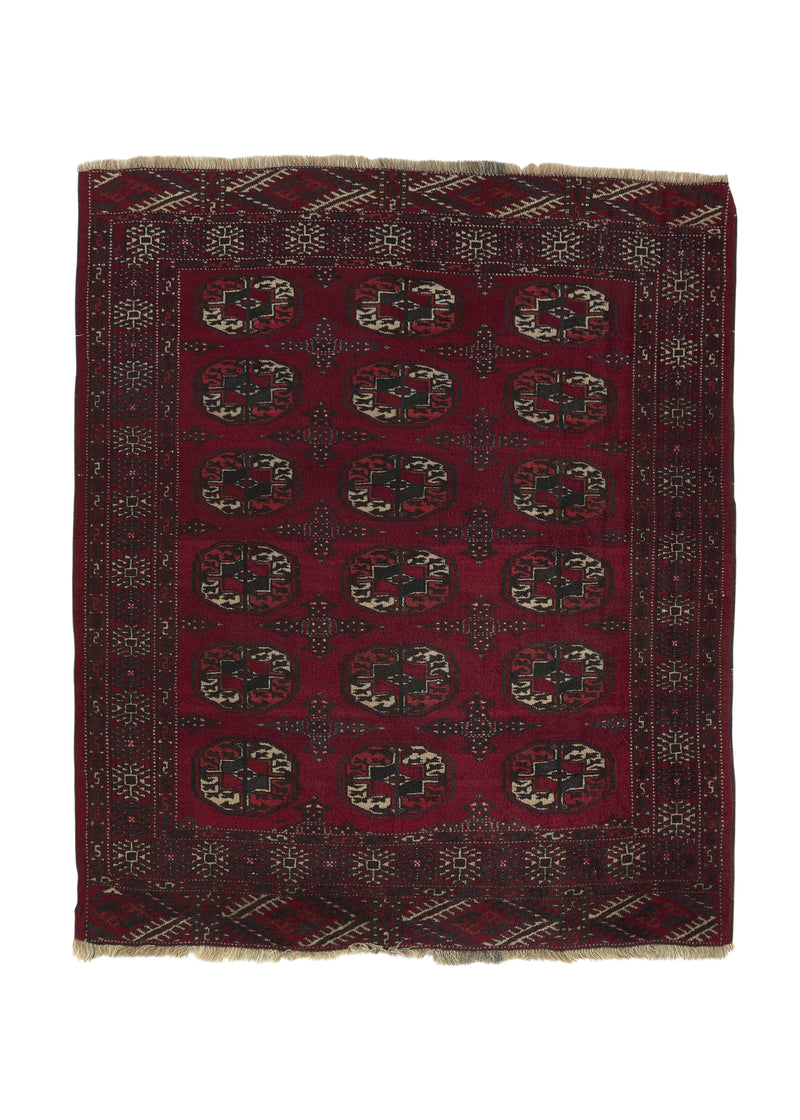 34954 Persian Rug Turkmen Handmade Area Tribal 3'9'' x 4'4'' -4x4- Red Bokhara Design