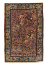 34962 Persian Rug Sarouk Handmade Area Traditional 4'5'' x 6'8'' -4x7- Pink Whites Beige Hunting Scene Pictorial Design