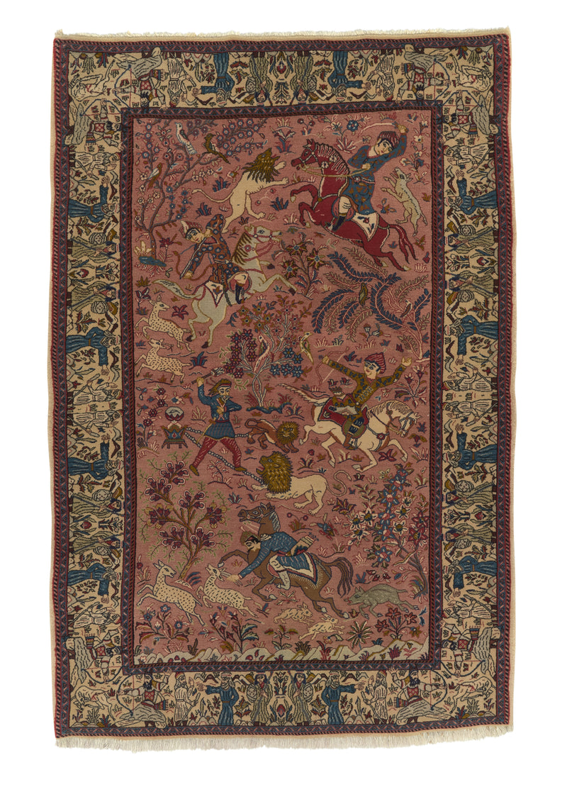 34962 Persian Rug Sarouk Handmade Area Traditional 4'5'' x 6'8'' -4x7- Pink Whites Beige Hunting Scene Pictorial Design
